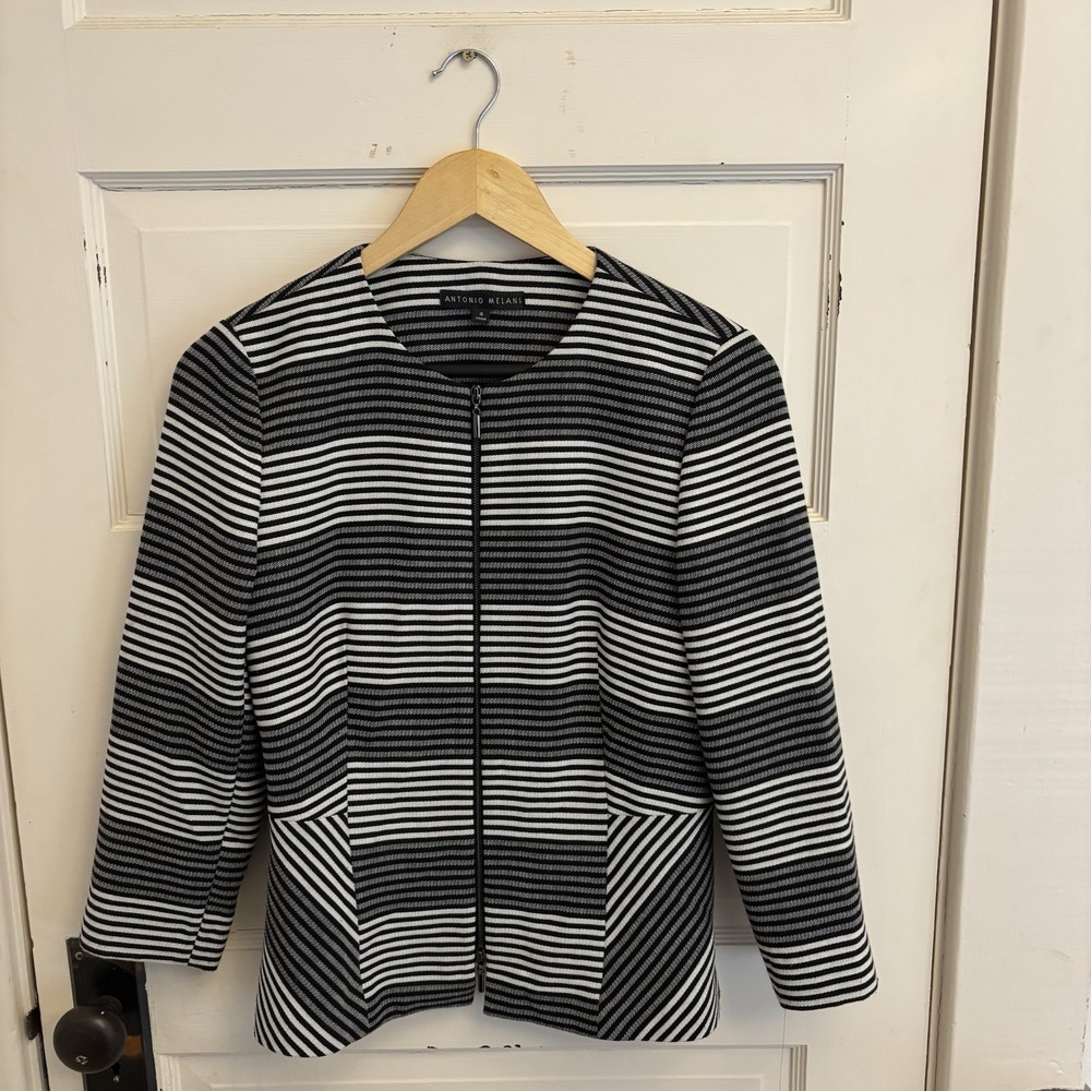 Antonio Melani Black Striped Double Zip Collarless Peplum Blazer Size 4